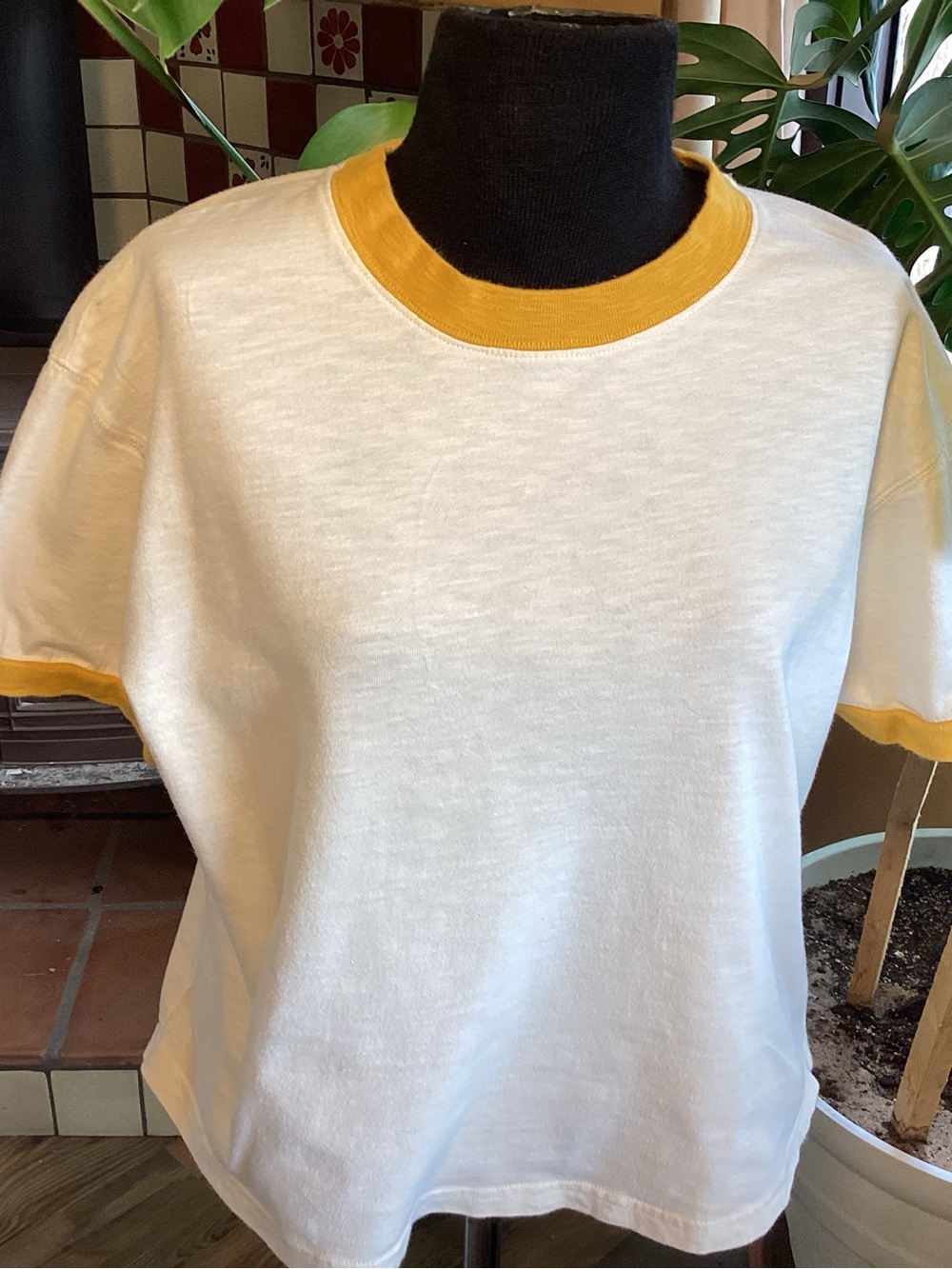 Madewell Cream Tee with Mustard Trim